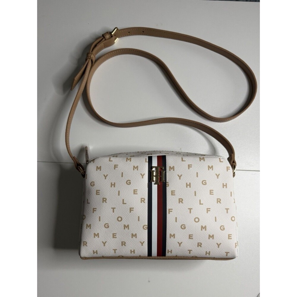 Tommy Hilfiger Small Monogram Crossbody Bag Beige/White Stripe Zip Adjustable